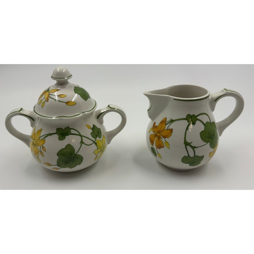 Vintage Villeroy & Boch Geranium Creamer and Sugar Bowl with Lid Germany